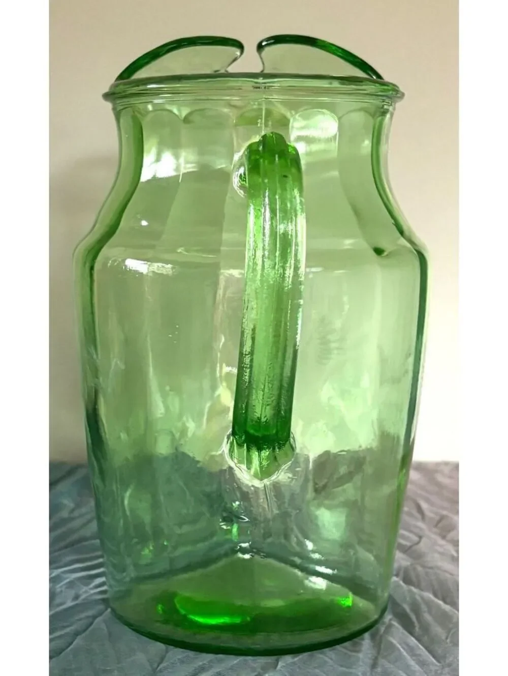 Vintage Uranium Glass Pitcher Green Etched Floral UV Reactive Depression Era